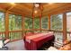 Enclosed porch with wood paneling, a table covered in a red cloth, and outdoor views through screened windows at 1014 Overlook Dr, Villa Rica, GA 30180