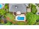 Aerial view of the backyard with a pool, patio, and lush landscaping at 134 Mellington Ln, Peachtree City, GA 30269