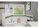 Bathroom featuring a soaking tub and a shower with black and white accent tiles at 1504 Oglethorpe Dr, Suwanee, GA 30024