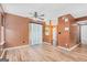 Bright dining room space with sliding doors to the yard and a ceiling fan at 548 Thomas Downs Way, Jonesboro, GA 30238
