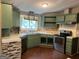Well-lit kitchen featuring green cabinets, updated appliances, and tile backsplash at 7138 Rockland Rd, Lithonia, GA 30038