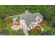 Aerial view showing the pool, multi-car garage, landscaping, and meticulous lawn maintenance on a sunny day at 104 Hidden Springs Ln, Peachtree City, GA 30269