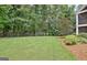 Lush backyard featuring a well-maintained lawn and mature trees, offering ample space for recreation and privacy at 104 Hidden Springs Ln, Peachtree City, GA 30269