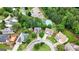 Aerial view of neighborhood and a home with mature trees, pool and pond at 2009 Parador Aly, Mcdonough, GA 30253