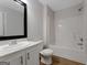 Neutral bathroom featuring a shower-tub combo and a sink with white cabinets at 907 Brisley Cir, Hampton, GA 30228