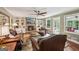 Inviting living room featuring a brick fireplace, wood floors, and access to the outdoors at 10875 Shagbark Trl, Roswell, GA 30075
