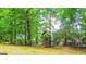 Backyard featuring an elevated playhouse surrounded by mature trees and lush greenery at 329 Royal Crescent Way, Stockbridge, GA 30281