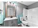 Bathroom featuring a vanity, toilet, and shower-tub combo at 355 Sturgess Run, Sharpsburg, GA 30277