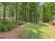 Well-maintained backyard featuring lush green lawn, mature trees, and storage shed at 810 Bedford Park, Peachtree City, GA 30269