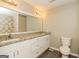 Bright bathroom with double vanity featuring granite countertops and white cabinets at 2624 Windridge Dr, Acworth, GA 30102