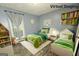 A bedroom with two twin beds, white shag rug, and colorful decor at 8846 Wesley Pl, Jonesboro, GA 30238