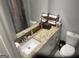 Bathroom featuring toilet, shower curtain, and granite vanity at 6884 Shangrila Way, Riverdale, GA 30296