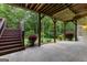 Covered patio features wooden beams and easy access to stairs leading to the lush, green backyard at 285 Spear Rd, Peachtree City, GA 30269