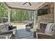 Outdoor living space featuring a fireplace, ceiling fan and backyard views with plush furniture at 33 Vinery Ct, Sharpsburg, GA 30277