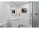 Bathroom with white vanity, marble countertop, and walk-in shower with glass door at 4030 River Ridge Chase Se, Marietta, GA 30067