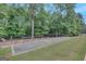 Backyard view of a bocce ball court surrounded by lush landscaping and fencing at 265 Beverly Farms Dr, Sharpsburg, GA 30277