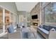 Inviting sunroom featuring a stone fireplace, comfortable seating, and seamless access to the outdoors at 265 Beverly Farms Dr, Sharpsburg, GA 30277