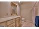 Neutral bathroom with tiled floors, vanity, and shower with curtain at 223 Old Rome Rd, Kingston, GA 30145