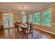 Elegant dining room with hardwood floors, chandelier, and views of the surrounding greenery at 223 Old Rome Rd, Kingston, GA 30145