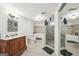 Bathroom featuring wood-look floors, a vanity with wood cabinet and a glass shower at 1979 Alcovy Shoals Blf, Lawrenceville, GA 30045