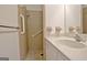 Neutral bathroom features a shower and white vanity sink with ample storage at 501 Bridlepath Ln, Peachtree City, GA 30269