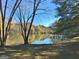 Scenic view of the property's pond, framed by trees and a blue sky at 501 Bridlepath Ln, Peachtree City, GA 30269