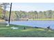 Scenic view of the community pond with ducks and a wooden pier at 501 Bridlepath Ln, Peachtree City, GA 30269