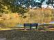 Relaxing spot with a bench overlooking the tranquil pond and fall foliage in the background at 501 Bridlepath Ln, Peachtree City, GA 30269
