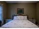 Cozy bedroom features a decorative bed with a white patterned comforter and matching nightstands at 8035 Magnolia Way, Roswell, GA 30075