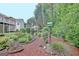 Landscaped backyard with lush plantings, mulch, and a meandering pathway leading to the house at 323 Newfield Way, Peachtree City, GA 30269