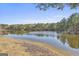 Wide shot of a tranquil pond reflecting the sky, bordered by sandy shores and dense woods at 395 W Mcintosh Rd, Brooks, GA 30205