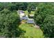 Aerial view of a backyard featuring mature trees, lawn, sport court, and a storage shed, offering recreation and storage at 3778 Berdon Ln, Decatur, GA 30034