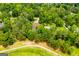 Overhead view of a home nestled among mature trees, featuring a long driveway and green surroundings at 7392 N Mitchell Ct, Villa Rica, GA 30180
