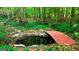 A bridge over the pond surrounded by greenery in the backyard woods at 1183 Iron Gate Blvd, Jonesboro, GA 30238