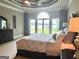 Comfortable bedroom featuring a large bed, lake views, and decorative accents at 2643 Edgewater Ct, Jonesboro, GA 30236