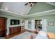 Spacious bedroom with TV, tray ceilings, hardwood floors and direct access to ensuite bath at 385 Liberty Church Rd, Carrollton, GA 30116