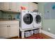 Laundry room with front load washer and dryer and sink with decorative backsplash at 385 Liberty Church Rd, Carrollton, GA 30116