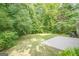 Serene backyard features a spacious grassy area and a concrete patio, surrounded by lush greenery and mature trees at 2576 Abbotts Glen Nw Dr, Acworth, GA 30101