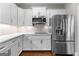 Updated kitchen featuring white cabinets, marble backsplash, and stainless steel appliances at 155 Carrolls Way, Fayetteville, GA 30215