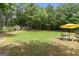 Lush backyard with a storage shed, patio seating under a bright yellow umbrella at 320 Cobb Ct, Hampton, GA 30228