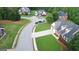 Aerial view of homes in a neighborhood, showcasing lush green lawns and winding streets at 185 Stewart Glen Dr, Covington, GA 30014