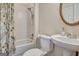 Bathroom featuring tiled walls, shower and tub, sink and toilet at 185 Newfield Dr, Tyrone, GA 30290