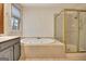 A Primary bathroom featuring a bathtub, a shower, and a vanity at 185 Newfield Dr, Tyrone, GA 30290