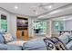 Cozy basement with a blue sofa, built-in entertainment center, and french doors to the backyard at 505 Lighthouse Ln, Peachtree City, GA 30269