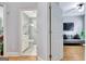 Modern bathroom with a glass-enclosed shower and white vanity at 505 Lighthouse Ln, Peachtree City, GA 30269