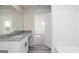 Bathroom featuring a granite countertop vanity, white cabinets and a large mirror at 481 Prescott Way, Villa Rica, GA 30180