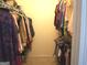 A well-organized walk-in closet with hanging clothes on both sides at 225 Long Creek Dr, Covington, GA 30016