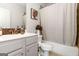 Cozy bathroom with decorative shower curtain, and plenty of sink space at 3692 Wartrace Dr, South Fulton, GA 30331