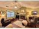 Comfortable living room with vaulted ceiling, stone fireplace, ceiling fan, and natural light at 150 Willow Shoals Dr, Covington, GA 30016