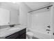 Bathroom featuring granite countertops, white cabinets, tub with shower, and modern fixtures at 108 Donovan Ave, Locust Grove, GA 30248